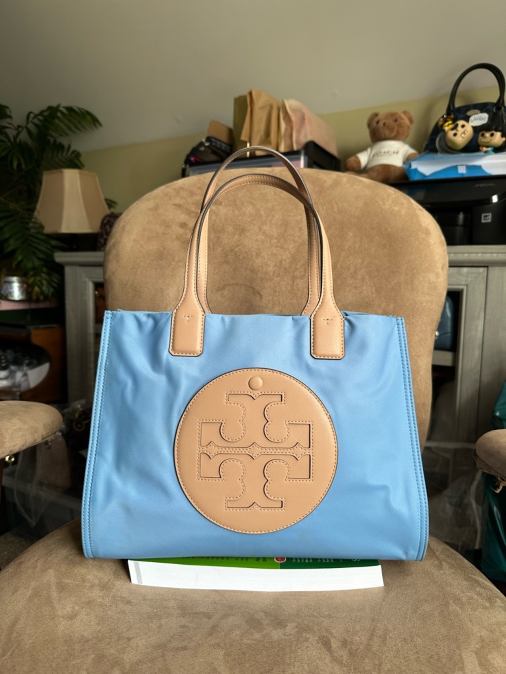 Tory Burch Small Ella Light Blue Nylon Tote Tan Leather Trim Very Good Condition